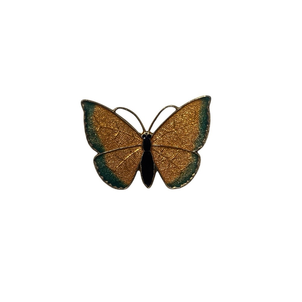 Vintage Gold Tone Yellow Guilloche Enamel Green Accent Butterfly Brooch Pin